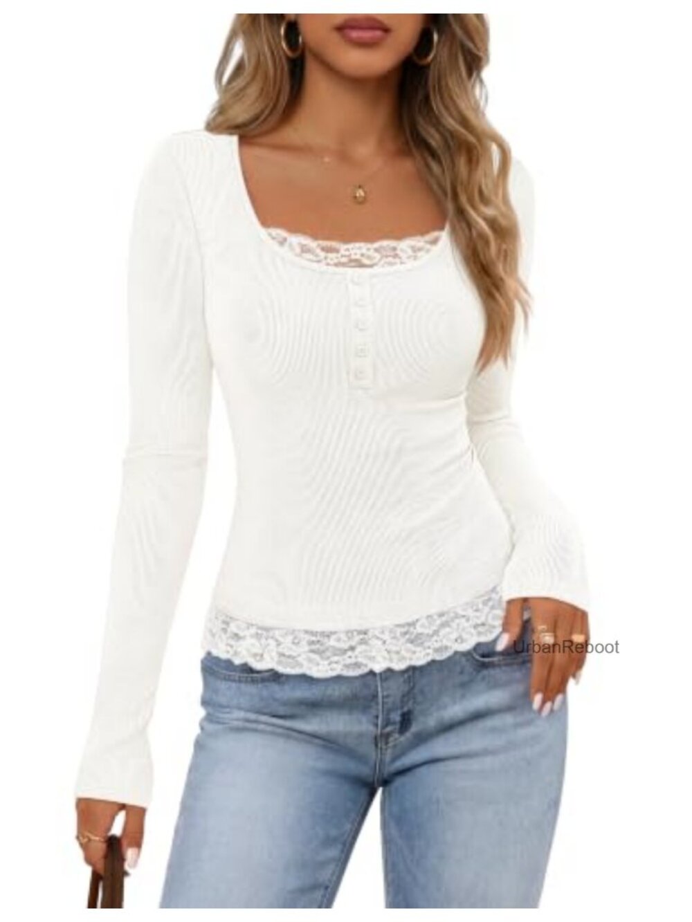 Lace Trim Scoop Neck Long Sleeve Ribbed Knit Top